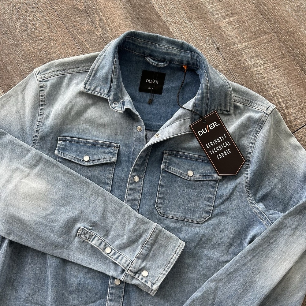 NWT DUER Performance Denim Western Snap Shirt Men's M Light Wash Stretch